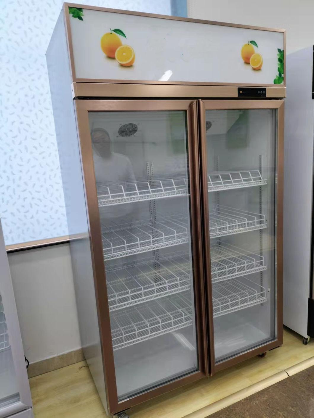 ODM/OEM Direct Cooling Assisted on Manual Thermostat 610L Low-E Tempered Video Animation Double Door Glass Door Cooler Showcase with Fan R134A CFC Free Sticker