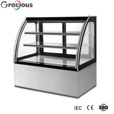 Fan Cooling Curved Tempered Glass Stainless Steel Display Showcase for Bakery Shop