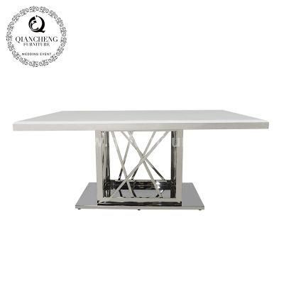 Rectangle Silver Stainless Steel Dining Table with Marble Top