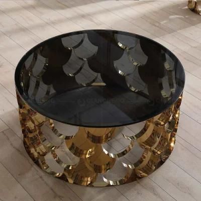 Luxury Round Shape Black Glass Top Coffee Table Gold Steel Base