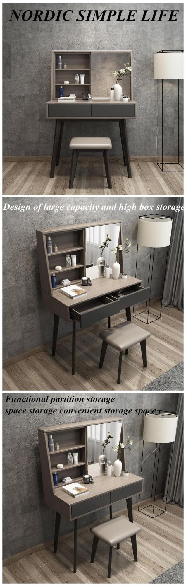 Modern Wooden Makeup Table Storage Bedroom Furniture Dresser with Mirror Set