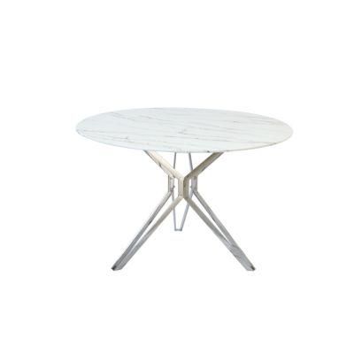 Home Hotel Outdoor Furniture Banquet Tempered Glass Marble Round Top Dining Table with Stainless Steel Legs