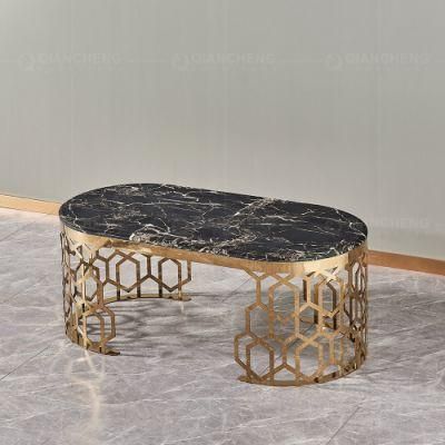 Modern Touch Screen Gold Stainless Steel Oval Marble Coffee Table