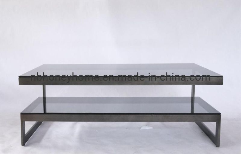 Modern Antique Black Natural Color Metal Frame Grey Glass Coffee Table
