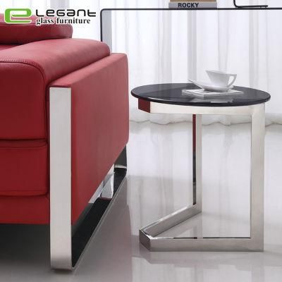 Furniture Top Black Glass Side Table with Stainless Steel Base