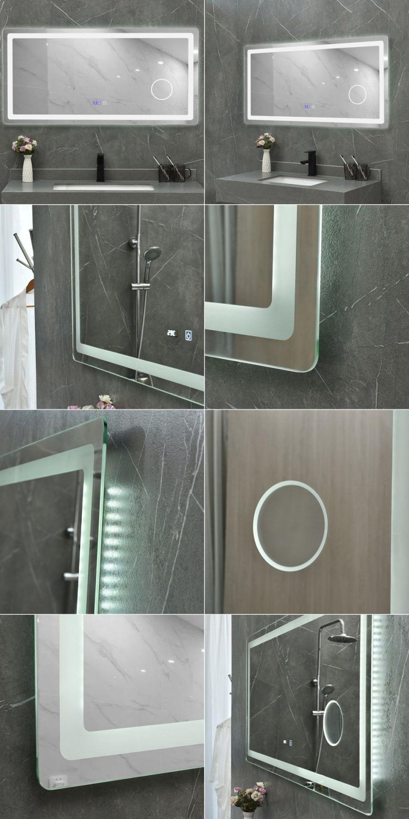 Rectangle 3X Magnifying and Time Display Bathroom LED Backlit Glass Mirror