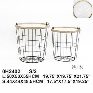 Nesting End Storage Convertible Round Metal Basket Wood Veneer Top Accent Side Tables Dark Brown Round Nesting Coffee Tables