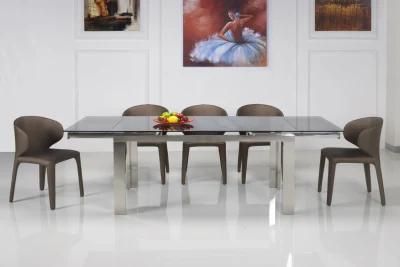 Modern Extension Black Glass Top Stainless Steel Big Size Dining Table