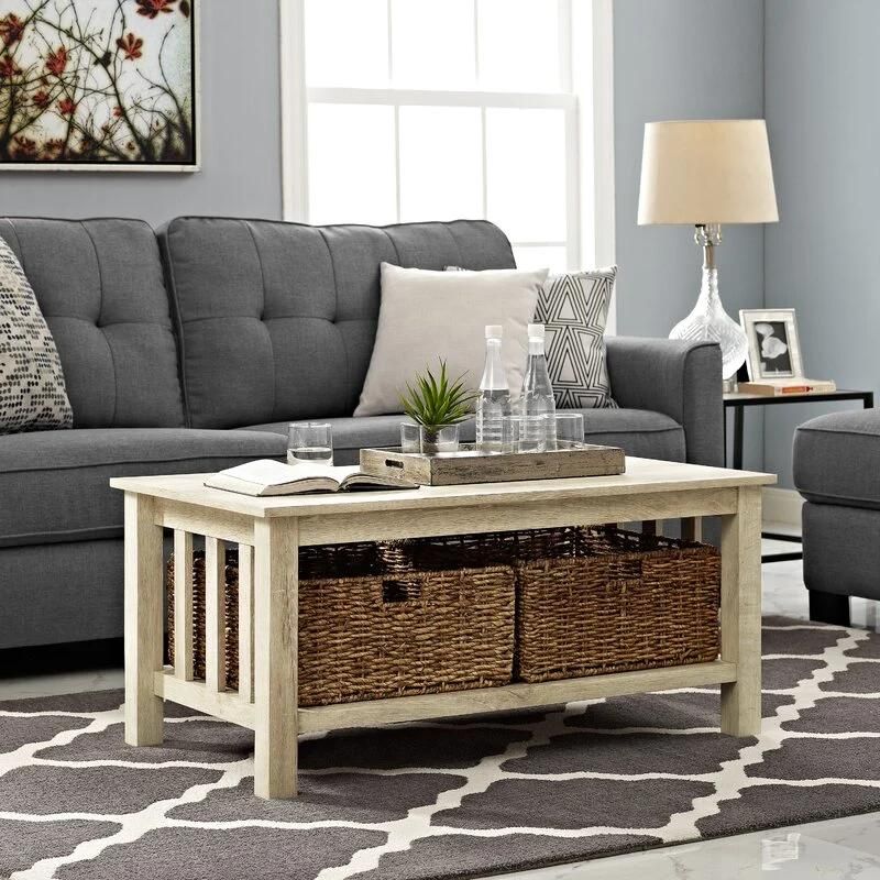 White Oak Mission Style High-Grade MDF Coffee Table with Storage Furniture for Living Room