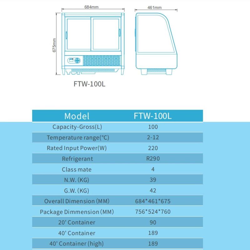 Showcase Commercial Vertical Glass Door Bakery Display Case Equipment Showcase for Pastry Refrigerator Ftw-100L