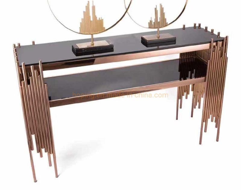 Wedding Dining Table Rectangular Stainless Steel Frame Console Desk in Golden with Brown Thick Top