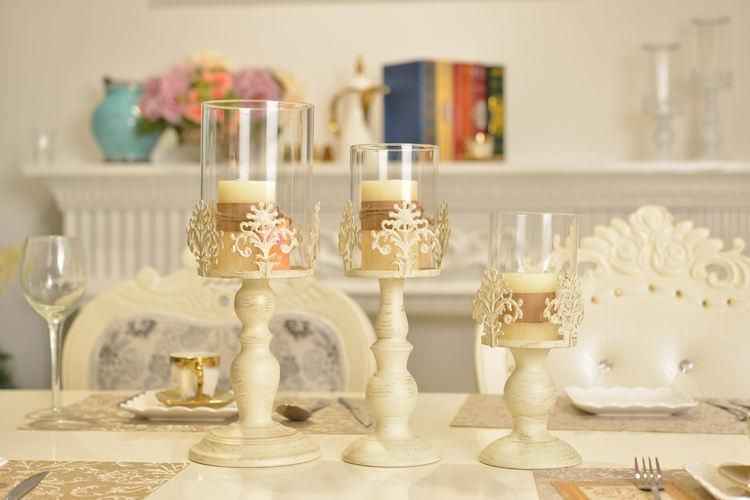 Elegant Candle Holder Home Decor White Painted Flower Pattern Metal Glass Candle Holders