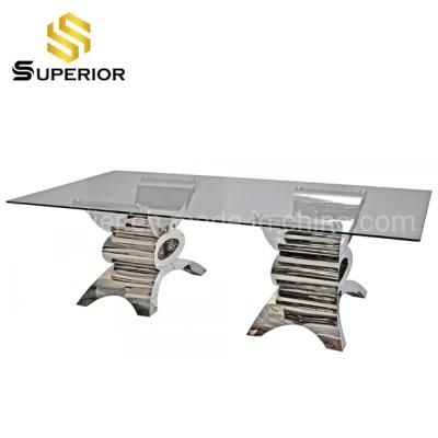 Rectangular Silver Metal Base Long Dining Table With Glass Top