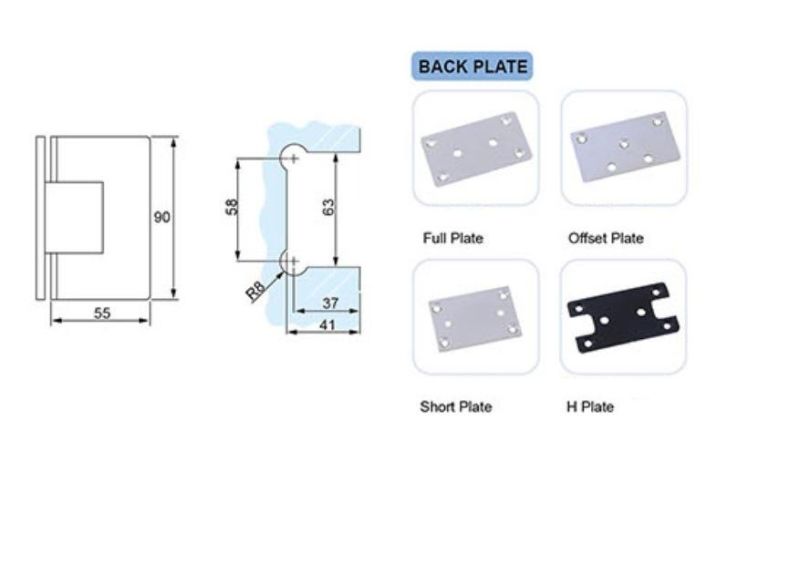 Bathroom Glass Door Hinge Glass to Wall 90X55mm 90 Degree for 8-10mm Glass Bright Chrome Finish