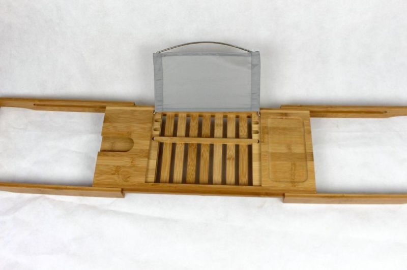 Bamboo Bathtub Caddy Tray Wooden Bath Tray with Extending Arms, Reading Rack, Tablet Holder, Cellphone Tray and Wine Glass Holder