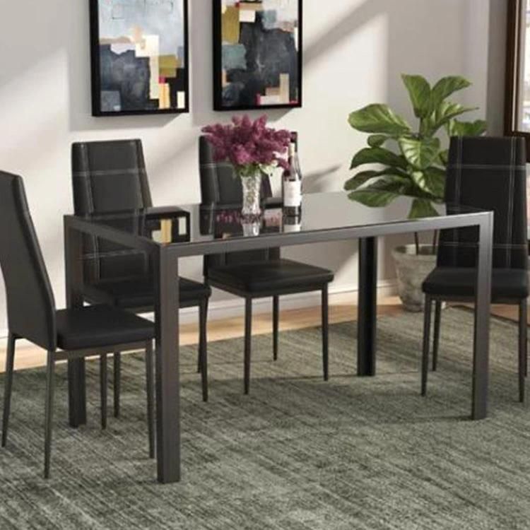 Kitchen Dining Table Set Glass Top and 4 Leather Chairs Dinette Black Dining Table Set