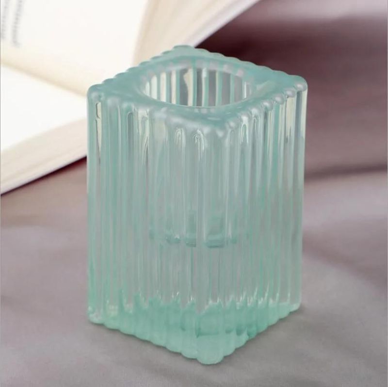 Vss Embossed Square Tall Taper Glass Candle Holder for Table Decorative