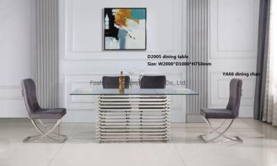 Dopro New Design Stainless Steel Polished Silver Dining Table D2005 with Clear Tempered Glass