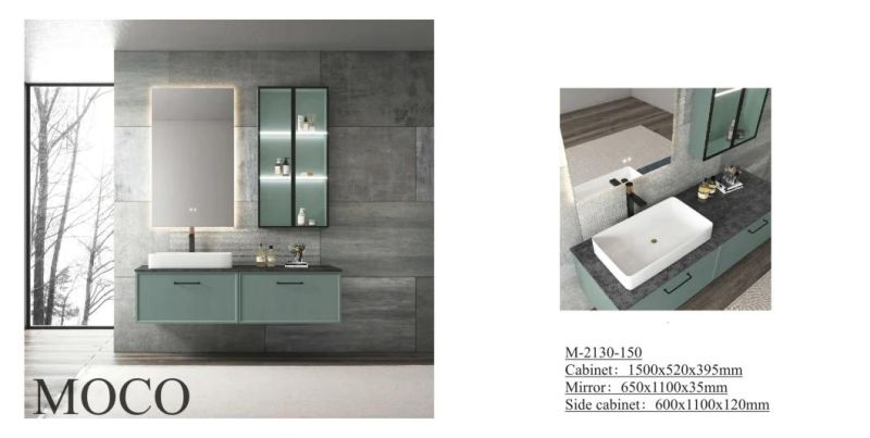 New Design Elegant Classic Green Paint Bathroom Vanity with LED Glass Side Cabinet