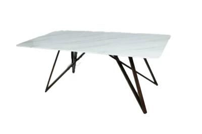 Wholesale Living Room Restaurant White High Gloss Tempered Glass Marble Top Steel Dining Table