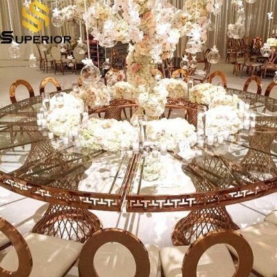 Hotel Banquet Stainless Steel Rose Gold Glass Top Restaurant Table