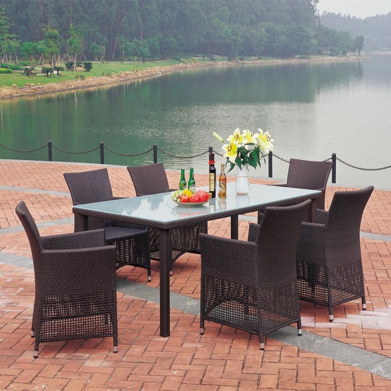 Aluminum Glass Table Top Rectangular Long Rattan Restaurant Dining Room Table