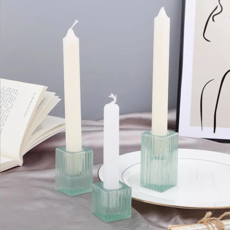 Vss Embossed Square Tall Taper Glass Candle Holder for Table Decorative