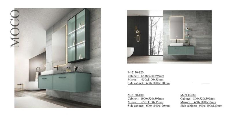New Design Elegant Classic Green Paint Bathroom Vanity with LED Glass Side Cabinet