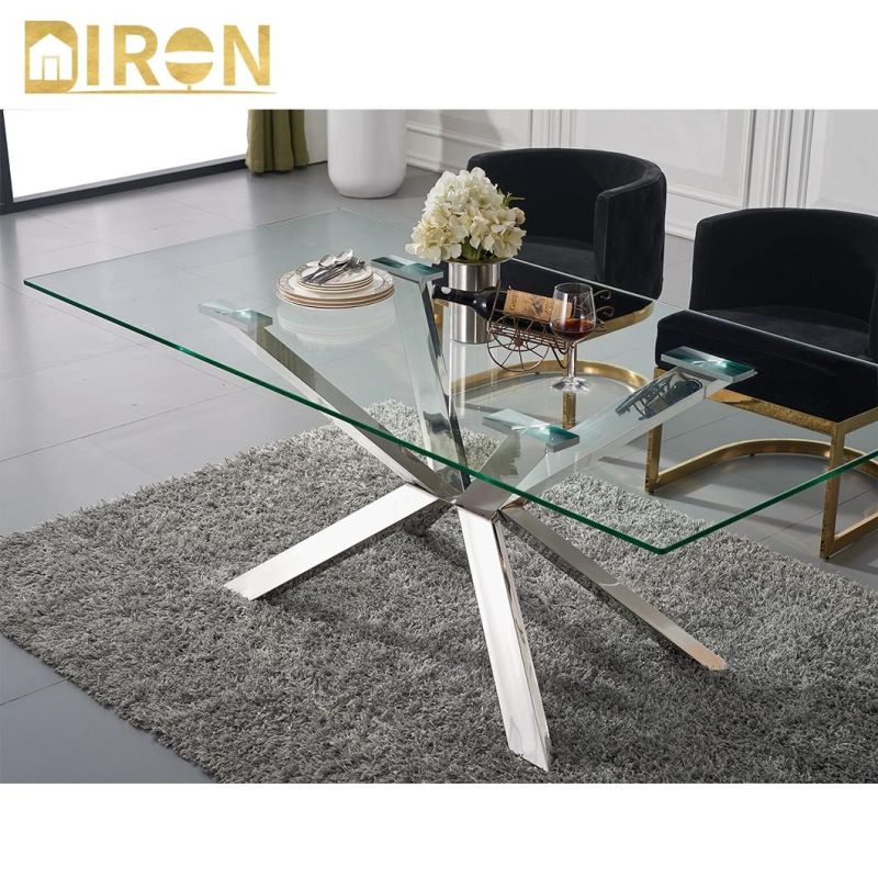 Wholesale Luxury Stainless Steel Chrome Frame Rectangle Shape 12mm Tempered Glass Dining Table