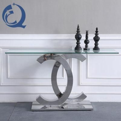 Stainless Steel Silver with Glass Top Console Table