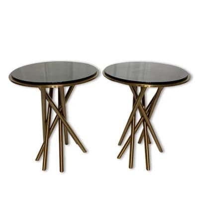 Living Room Furniture Gold Stainless Steel Legs Modern Glass Round Coffee Table Set Design for Sale