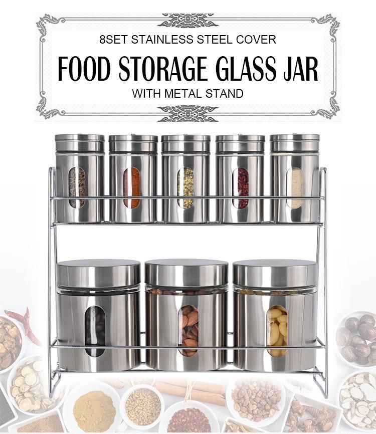 Fancy Contemporary 8 Set Stainless Steel Cover Glass Spices Jar Rack Food Storage Glass Jar Kitchen Spice Rack