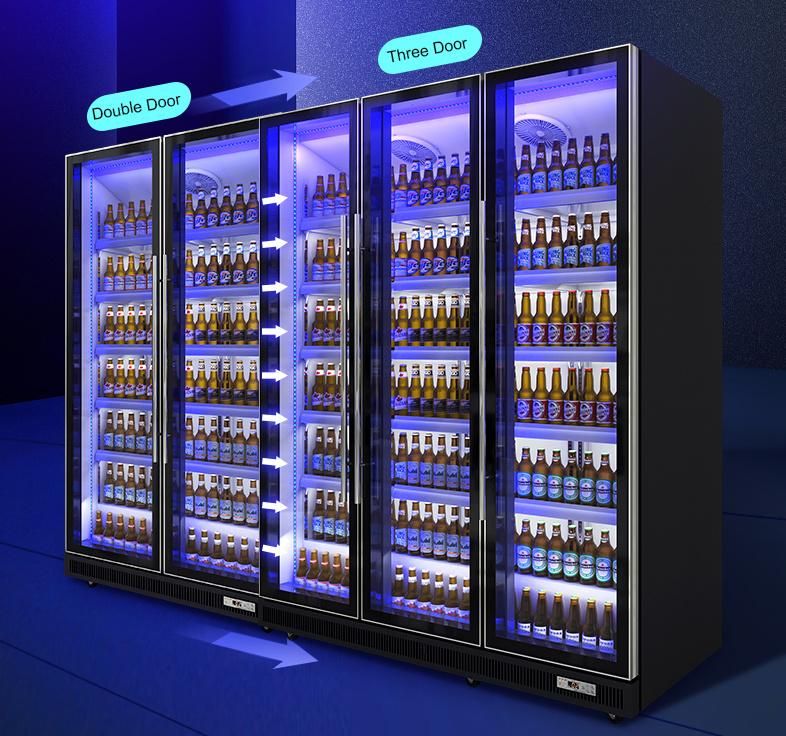 Commercial Supermarket Vertical Beverage Cooler Cold Drink Fridge Double Glass Door Showcase Display Refrigerator