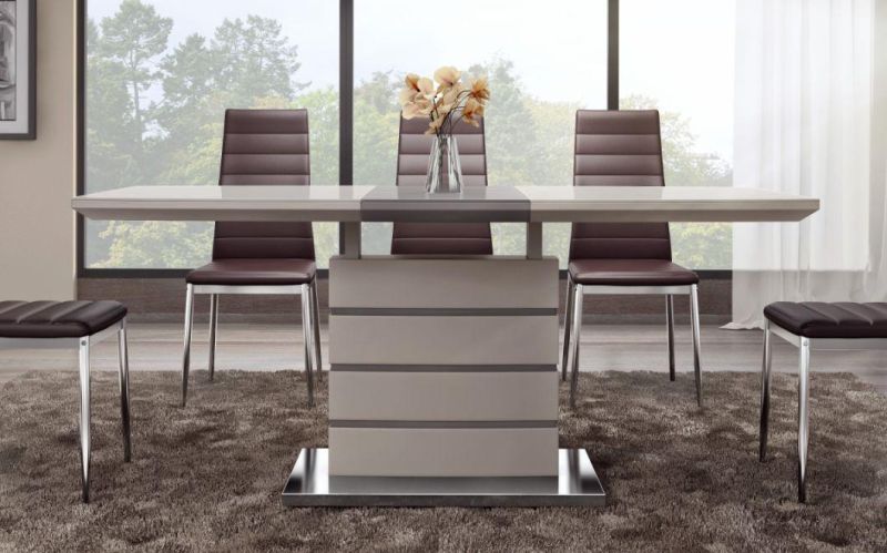 Home Furniture Stainless Steel Base High Gloss Wood Extendable Dining Table Set