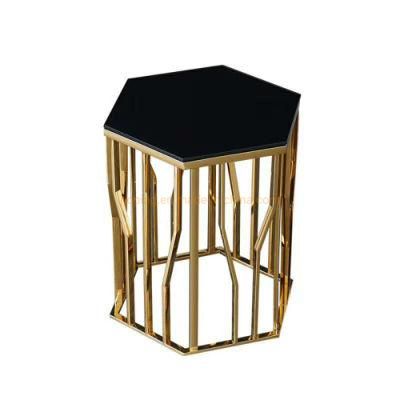 Modern Diamond Decor Top Table Metal Pipe Frame Side Small Table with Black Glass Top