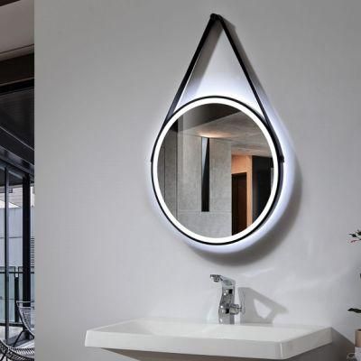 Hotel Wall Mounted LED Lighted Round Oval Bathroom Framed Fitting Mirror with Iron Straps