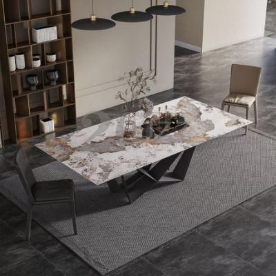 Italian Design Metal Home Furniture Modern Simple Style Marble Dining Room Table Set with Genuine Leather Chair