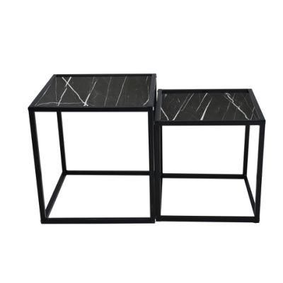 High Quality Living Room Furniture 2 Combinable Marble Like Tempered Glass Desktop Black Metal Table