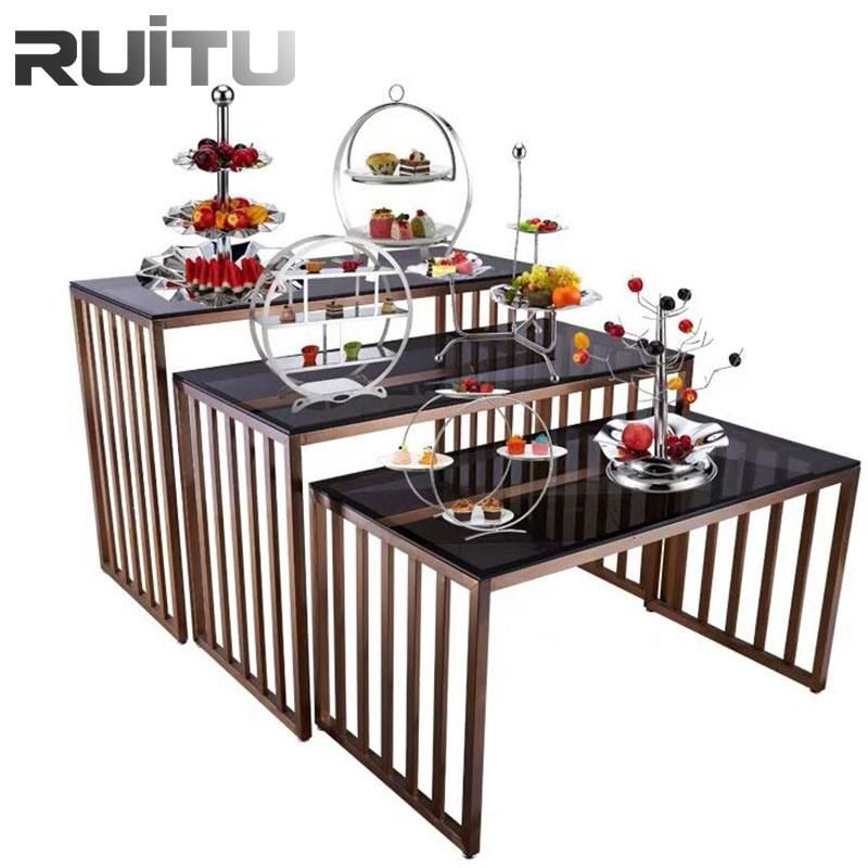 Modern Dinner Food Luxury Set Stainless Steel Mirror Temperred Glass Top Decoration Restaurant Hotel Banquet Wedding Dining Catering Buffet Table for Sale