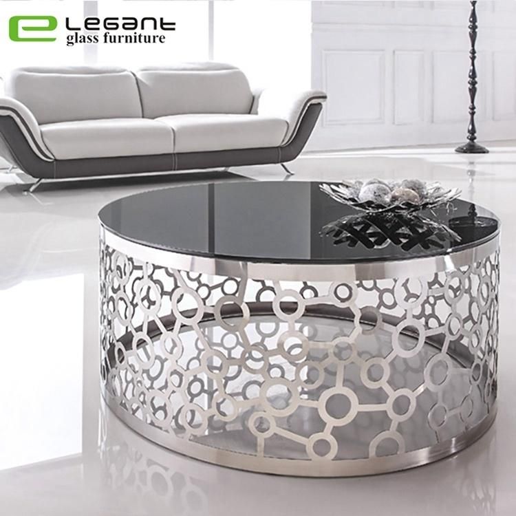 Modern Round Clear Tempered Glass Coffee Table with Stainless Steel Frame Base