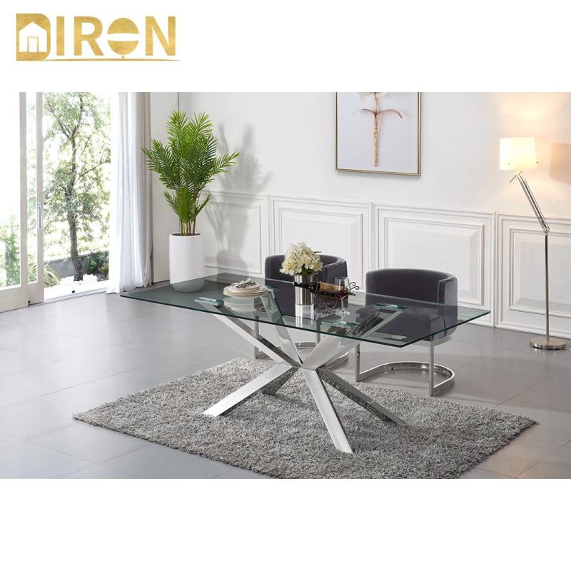 Wholesale Foshan Furniture Stainless Steel Rectangle Tempered Glass Dining Table