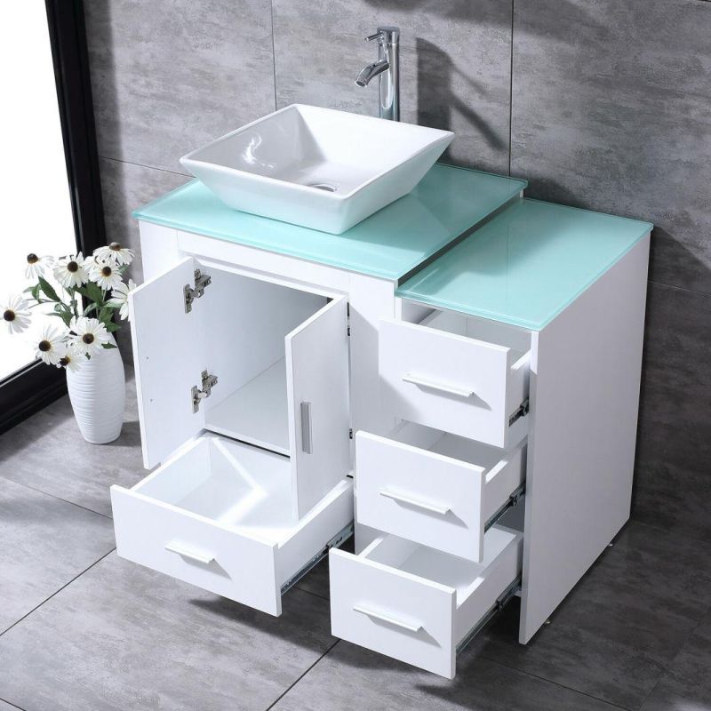 36" Bathroom Vanity Cabinet Single Ceramic Vessel Sink Faucet Glass Top & Mirror
