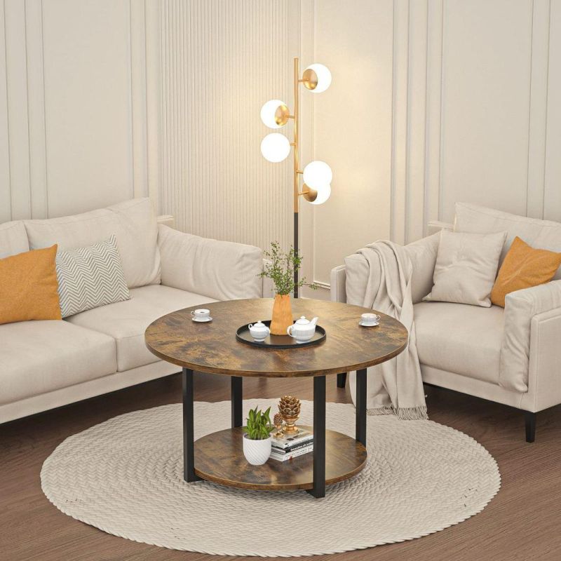 Living Room Table Wooden Circle Coffee Table with Ribbon Storage