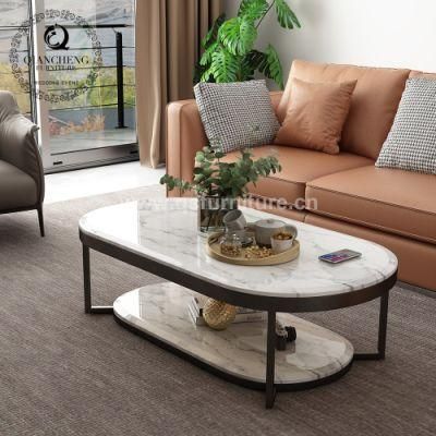 Living Room Furniture Ellipse Steel Frame Two-Tier Marble Coffee Table