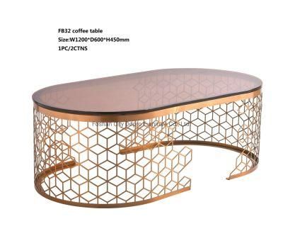 Dopro Modern Design Laser Cutting Stainless Steel Panel Coffee Table Fb32, Rose Gold +Tea Colour of Tempered Glass