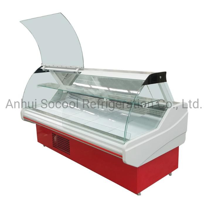 High-Quality Commercial Refrigerated Display Cabinet with Lift-up/Sliding Front Curved Glass Doors for Smoked Bacon