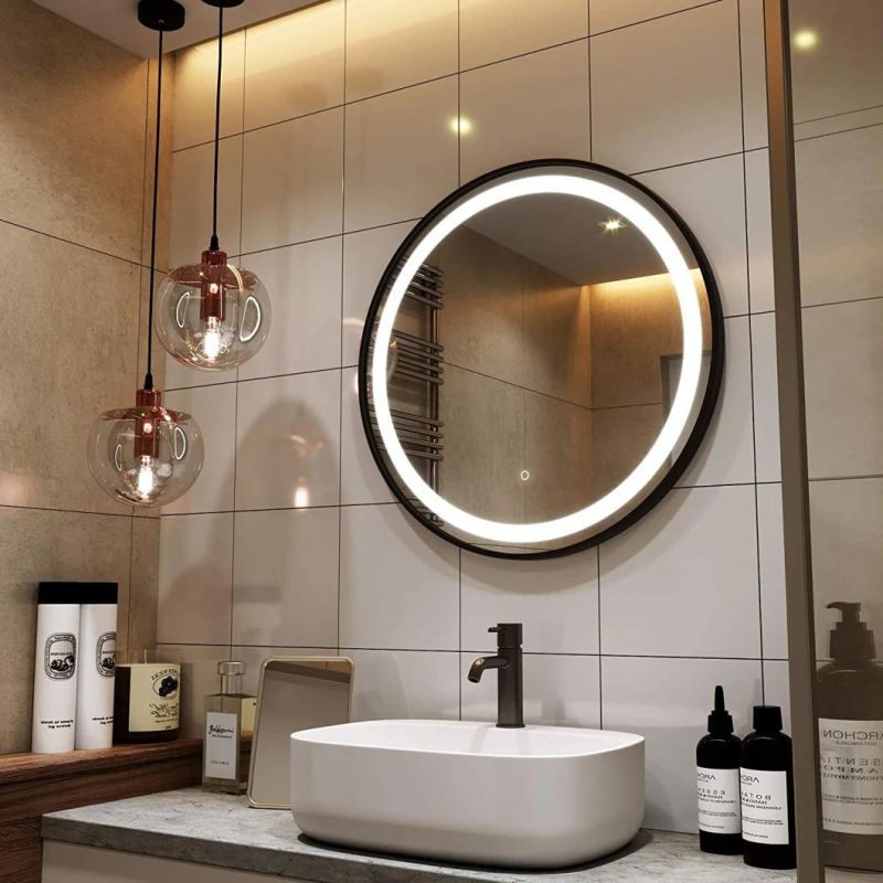 Round LED Lighting Bathroom Mirror, Black Frame, Wall Mounted Dimmable Memory Button, Waterproof