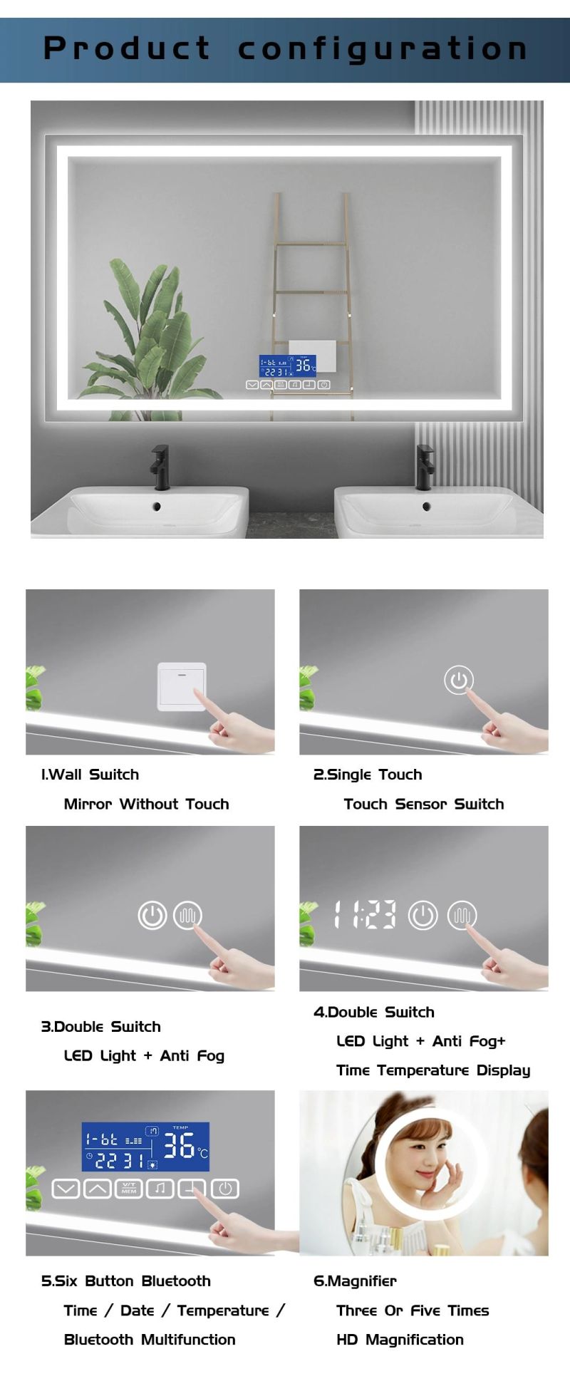 Safety Non-Corrosive Tempered Glass Dimming and Anti Mist Bathroom Wall Mirrors with Low Energy LED Light