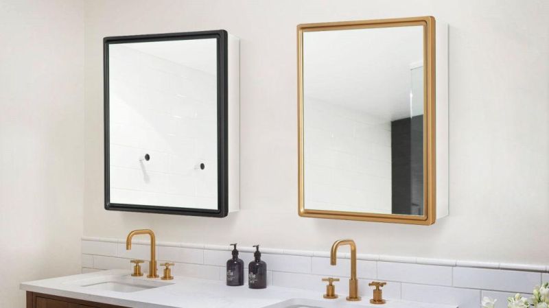 Aluminum Bathroom Medicine Cabinet with Black Frame Single Mirror Door 22 Inch X 30 Inch Recess or Surface Mount, Silver
