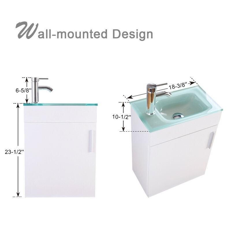 19" White Bathroom Vanity Small Wall Mount Glass Sink Faucet Drain Combo P Trap